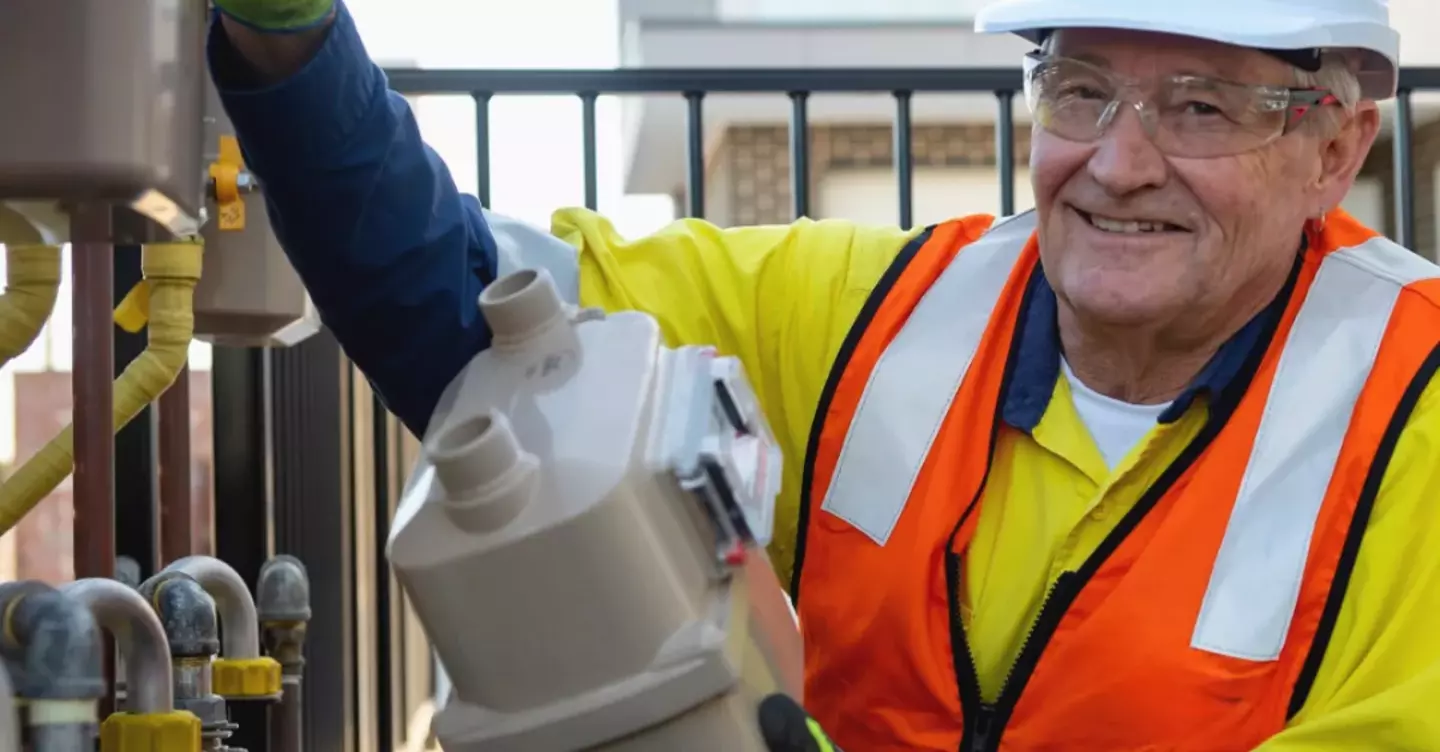 An elderly man in a hard hat and high-visibility vest smiles while adjusting equipment outdoors, suggesting maintenance or inspection work near industrial pipes.