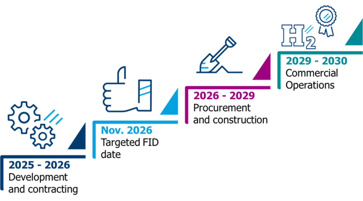 A timeline graphic tracks progress from 2025 to 2030 with icons like gears, a thumbs-up, and a microscope indicating phases or milestones against a dark background.