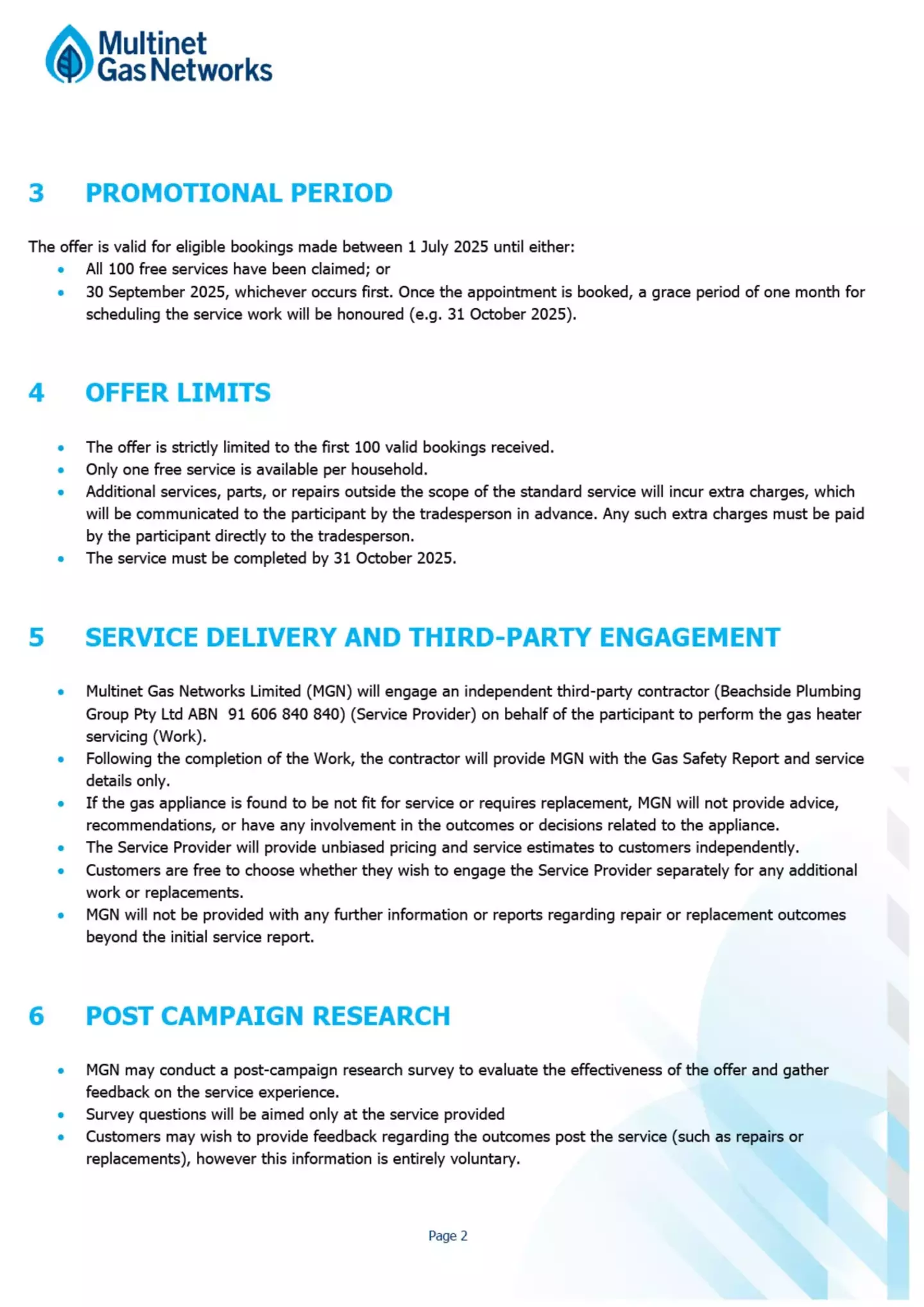 This document from Multinet Gas Networks outlines the details of a promotional period, offer limits, and the process for service delivery and third-party engagement. Sections on post-campaign research investigate service effectiveness and collect customer feedback. The rules specify dates and eligibility requirements for service offers, partnerships for service execution, and subsequent research methodologies.