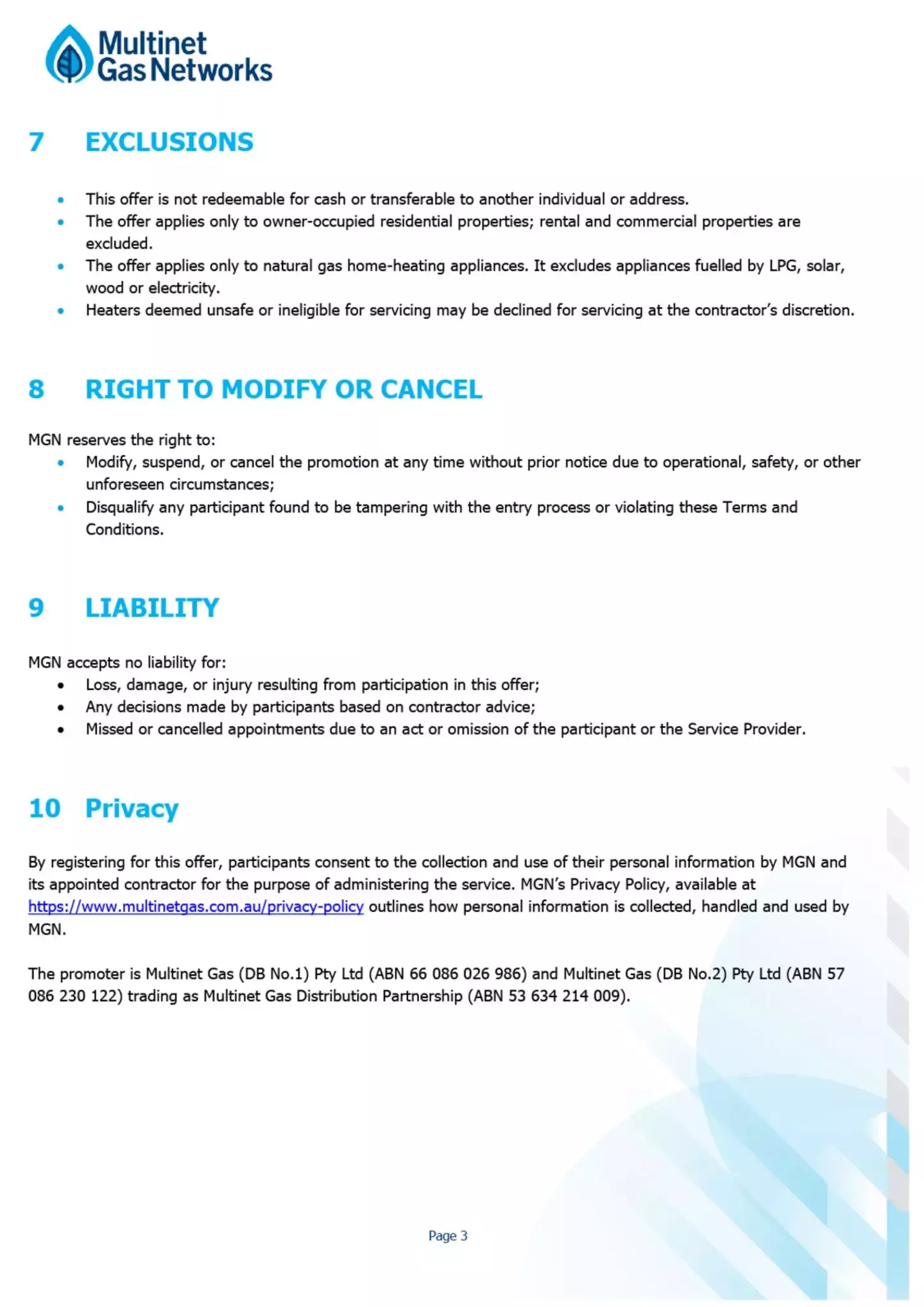The image is a text-heavy document from Multinet Gas Networks, detailing clauses related to exclusions, rights to modify or cancel, liability, and privacy in a promotional offer context. The background is white with a blue abstract design.