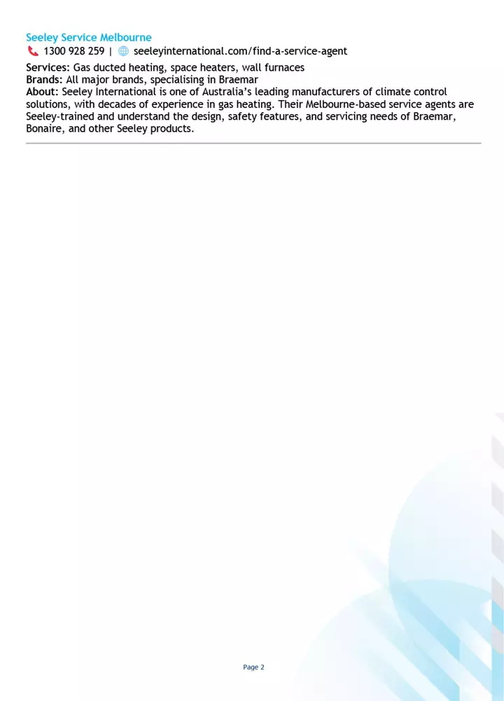 Text advertisement for Seeley Service Melbourne which includes contact information, web link, and details about their services and specialties in climate control solutions, with a focus on gas heating systems.