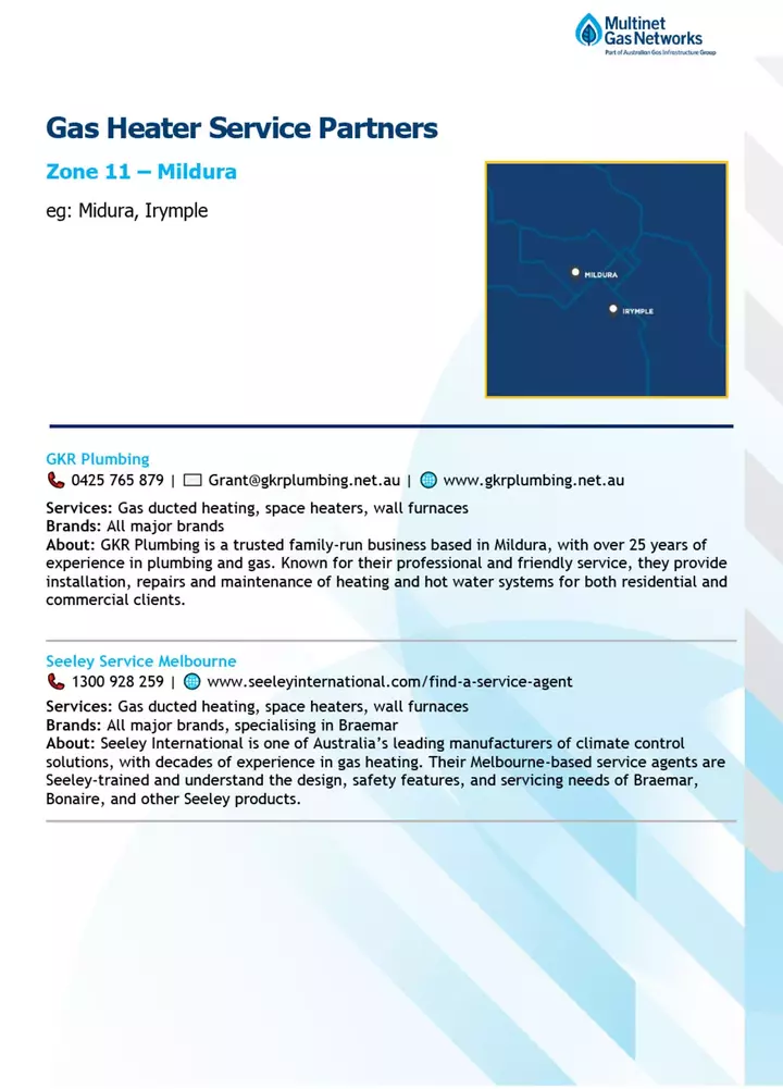 The flyer lists gas heater service partners for Zone 11 ? Mildura, detailing companies like GKR Plumbing and Seeley Service Melbourne, including their services, contact info, and descriptions against a blue diagonal stripe background.