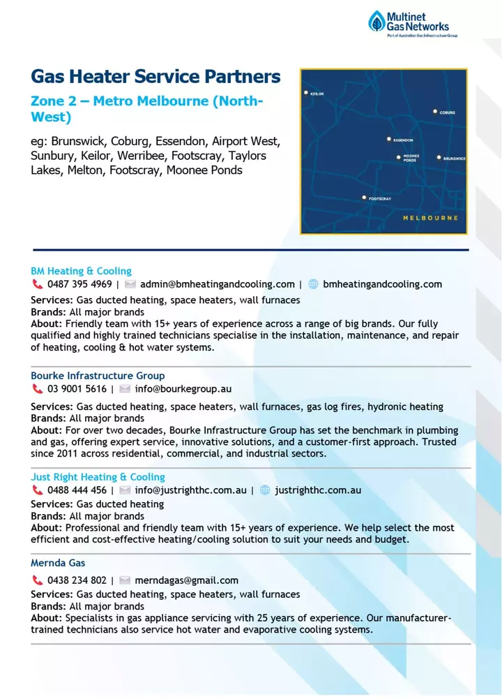 The image displays a list of gas heater service partners in Metro Melbourne (North-West), featuring contact details and descriptions for four companies, alongside a map highlighting specific regions including Brunswick and Essendon.