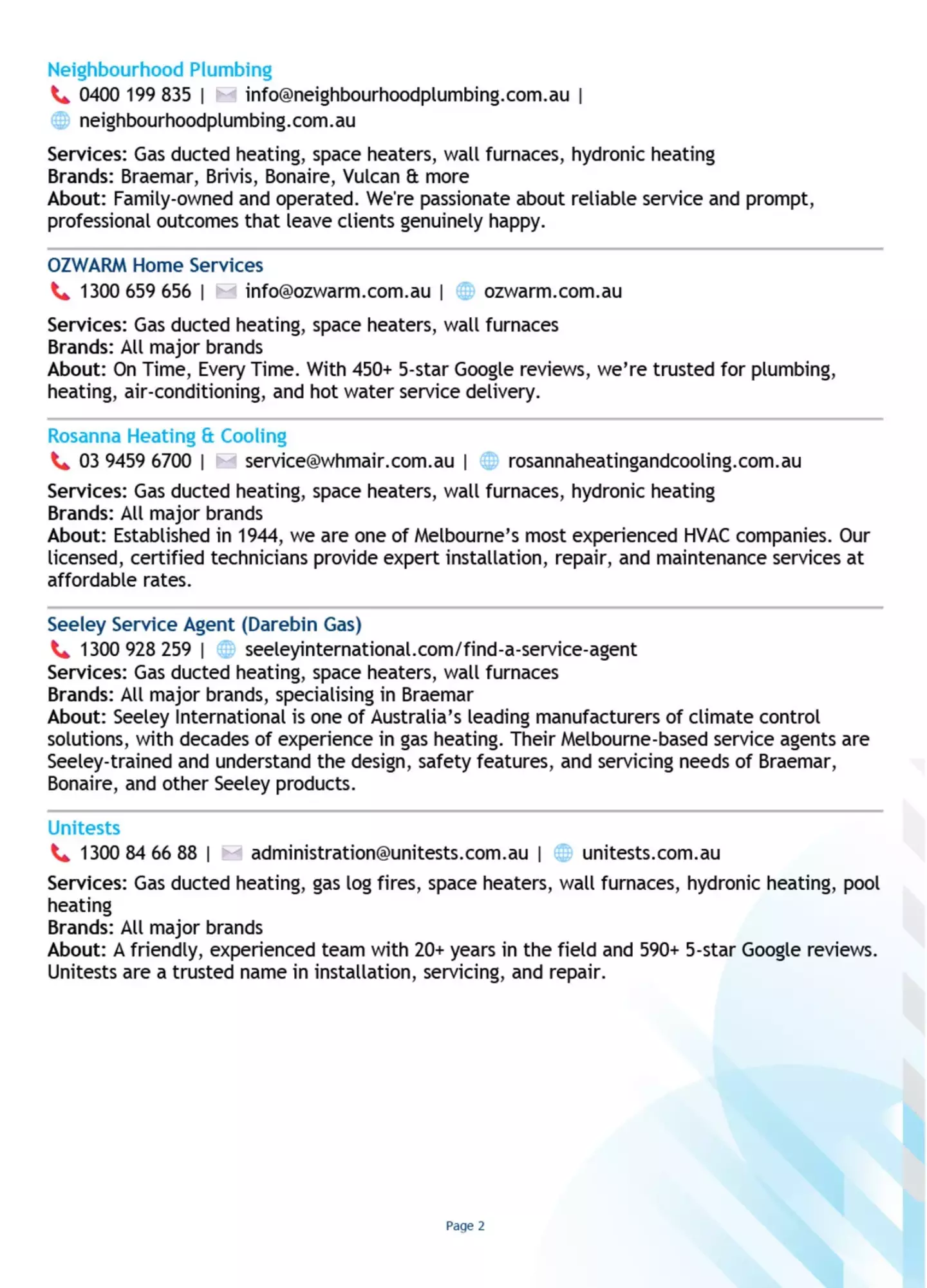 The image is a textual advertisement listing the contact details and services of several heating and cooling companies, reflecting a directory-style format with business names, telephone numbers, email addresses, websites, services offered, brands provided, and company descriptions.