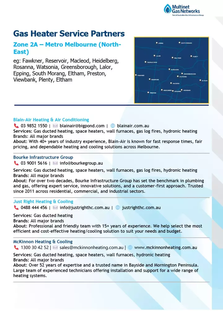 An infographic lists gas heater service partners in Metro Melbourne's north-eastern suburbs. It features company contacts, services, and brief descriptions, alongside a blue regional map pinpointing covered areas.
