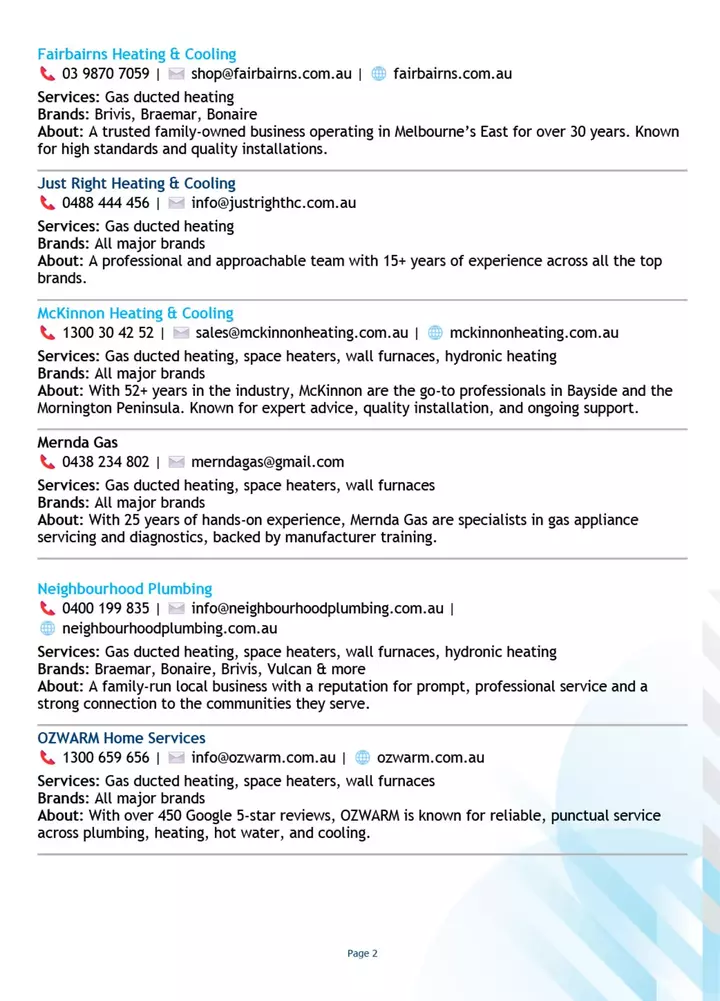 Listing for various heating and cooling services, detailing company names, contact information, services offered, and brief descriptions about each business. Brands and company specifics are highlighted.