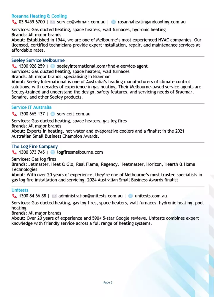The image is a text-based document listing various heating service companies in Melbourne, detailing their contact information, services provided, and specialties in heating solutions.