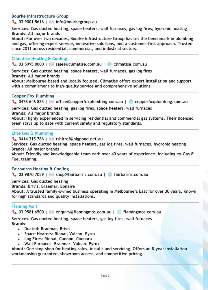 The image displays a list of gas heating service providers, detailing their contact information, services offered, brand affiliations, and company descriptions, formatted with contact icons and underlined web addresses.