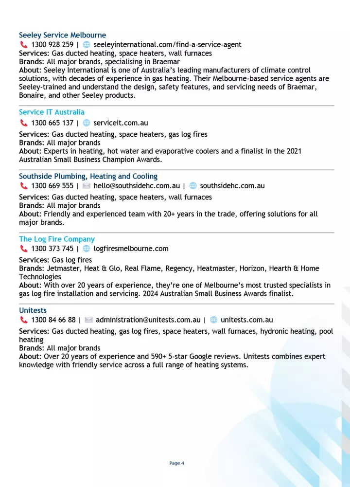 The image contains a directory-like listing of various companies offering heating services in Melbourne. Each entry includes the company's name, phone number, website URL, services provided, brands associated, and a brief description about the company. Some companies highlight awards or decades of experience. The page is structured and textual.