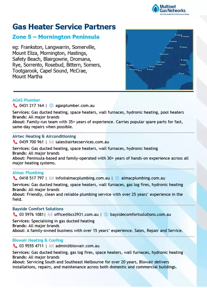 Document listing gas heater service partners in the Mornington Peninsula, including a map and contact details for companies like AGAS Plumber, Airtec Heating & Conditioning, Almac Plumbing, along with their services and experience.