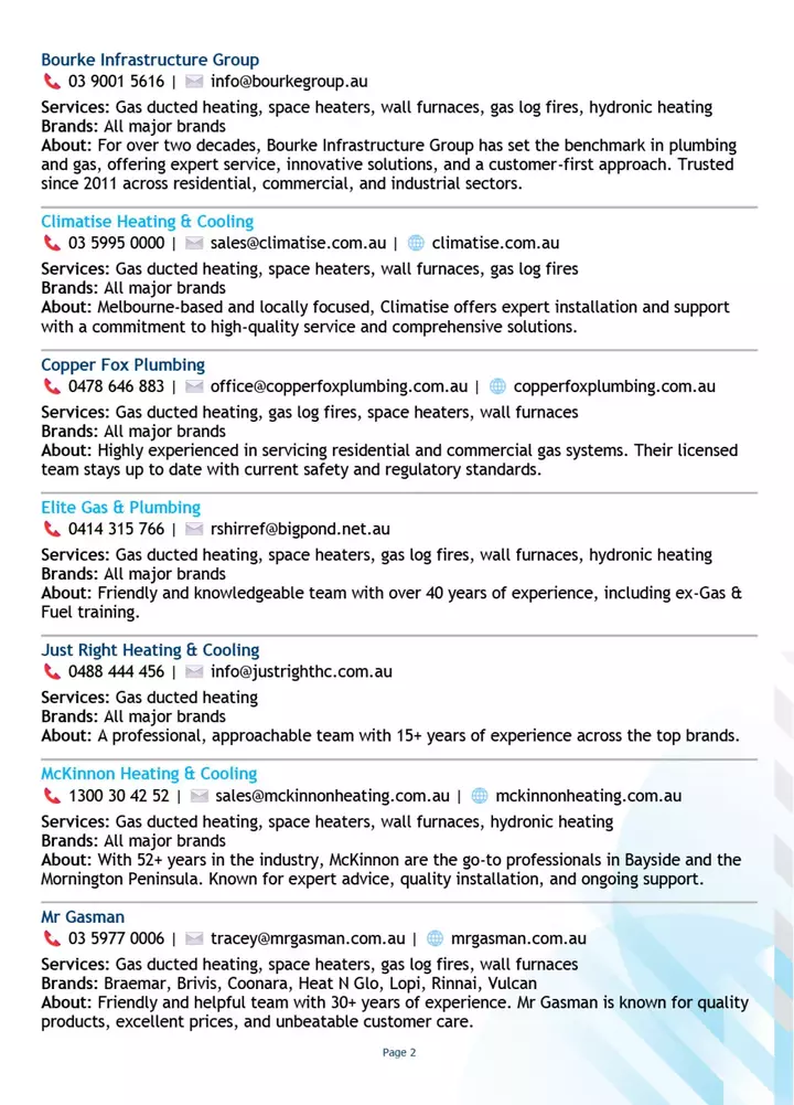 The image is a text-based directory of six heating and cooling service companies, listing their services, brands they work with, a brief description, and their contact information.