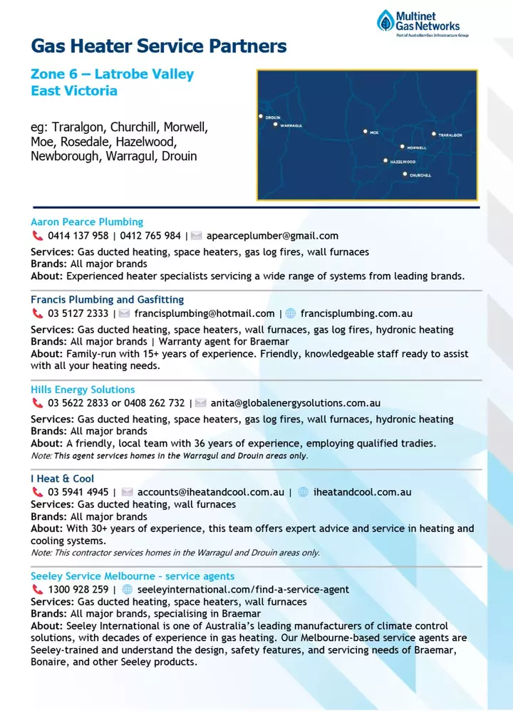 This image is a document titled "Gas Heater Service Partners" for Zone 6 ? Latrobe Valley East Victoria, listing several plumbing and heating service providers. It includes a map showing the service areas and detailed contact information, services, and specialties of each service provider.