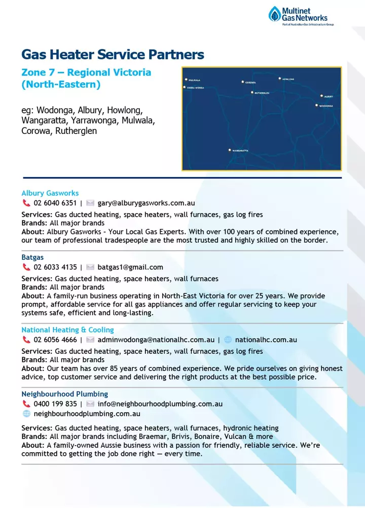 This image lists gas heater service partners in Regional Victoria (North-Eastern), featuring contact details, services, and descriptions for several companies such as Albury Gasworks, Batgas, National Heating & Cooling, and Neighbourhood Plumbing. A map shows the service area.