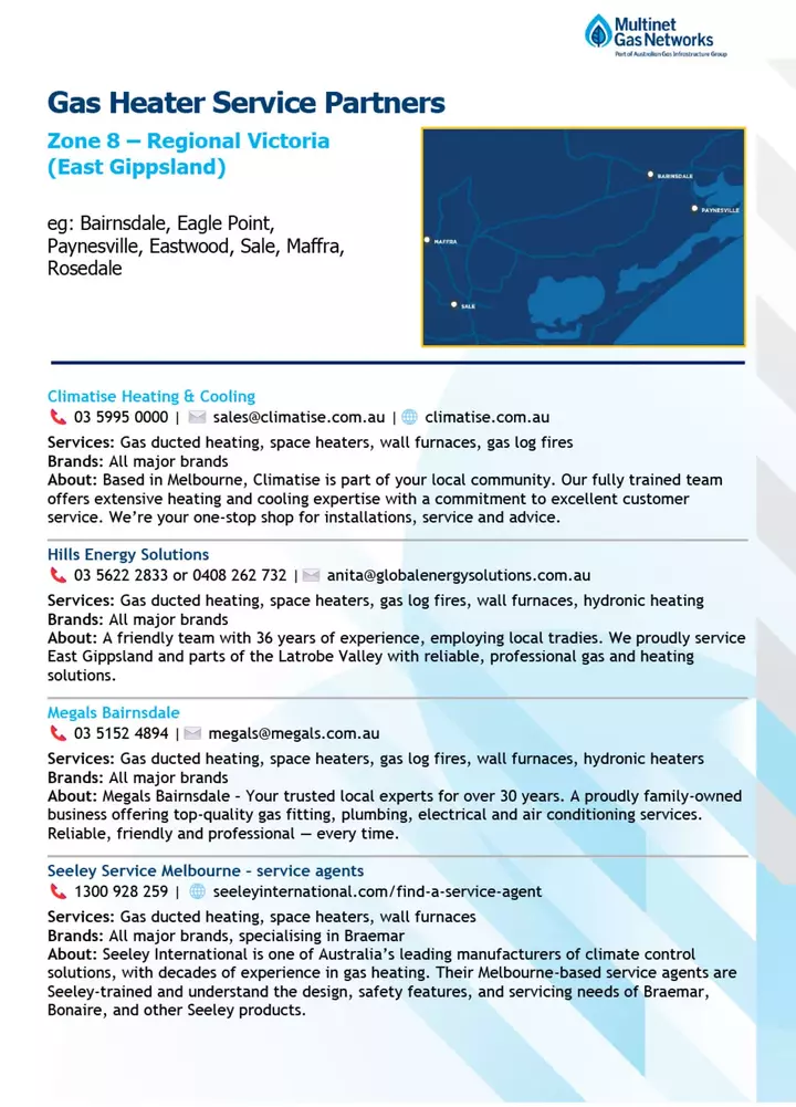 Vertical infographic lists gas heater service providers in East Gippsland, detailing names, contact information, types of servicces like gas ducted heating, and a blue map highlights regional areas served.