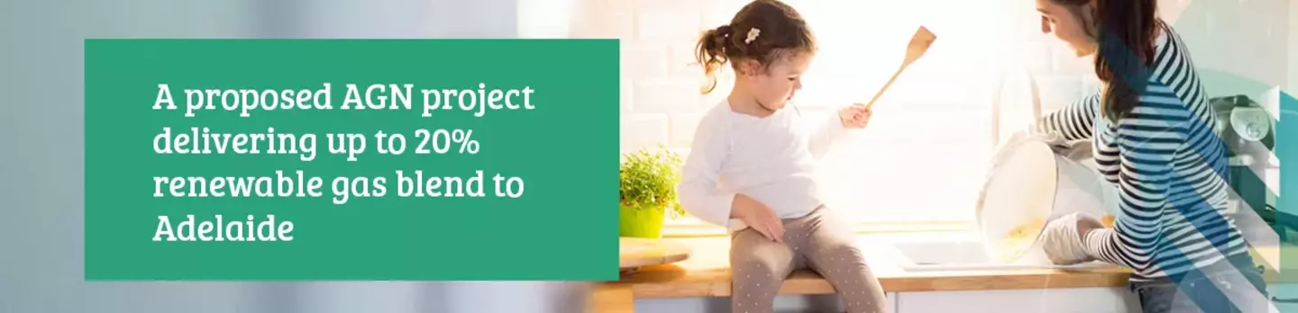 AGN project banner promoting up to 20% renewable gas blend delivery in Adelaide.