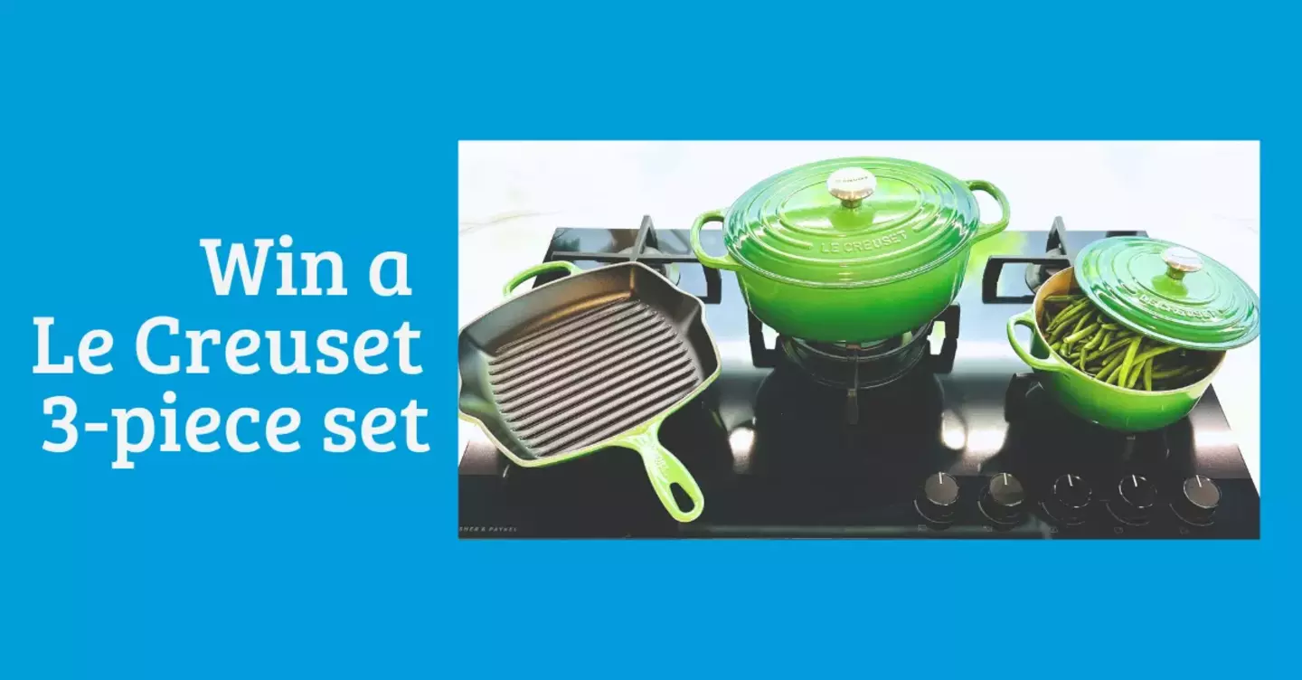 A vibrant green Le Creuset 3-piece cookware set sits on a stovetop, displayed for a competition. The text reads "Win a Le Creuset 3-piece set."